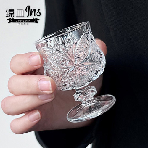 创意复古刻花玻璃杯迷你果酒杯精致高脚高颜值甜酒杯小酒杯一口杯 - 图0