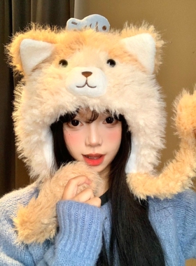可爱小鱼猫咪耳朵毛绒帽子女秋冬季显脸小保暖防寒加厚护耳雷锋帽