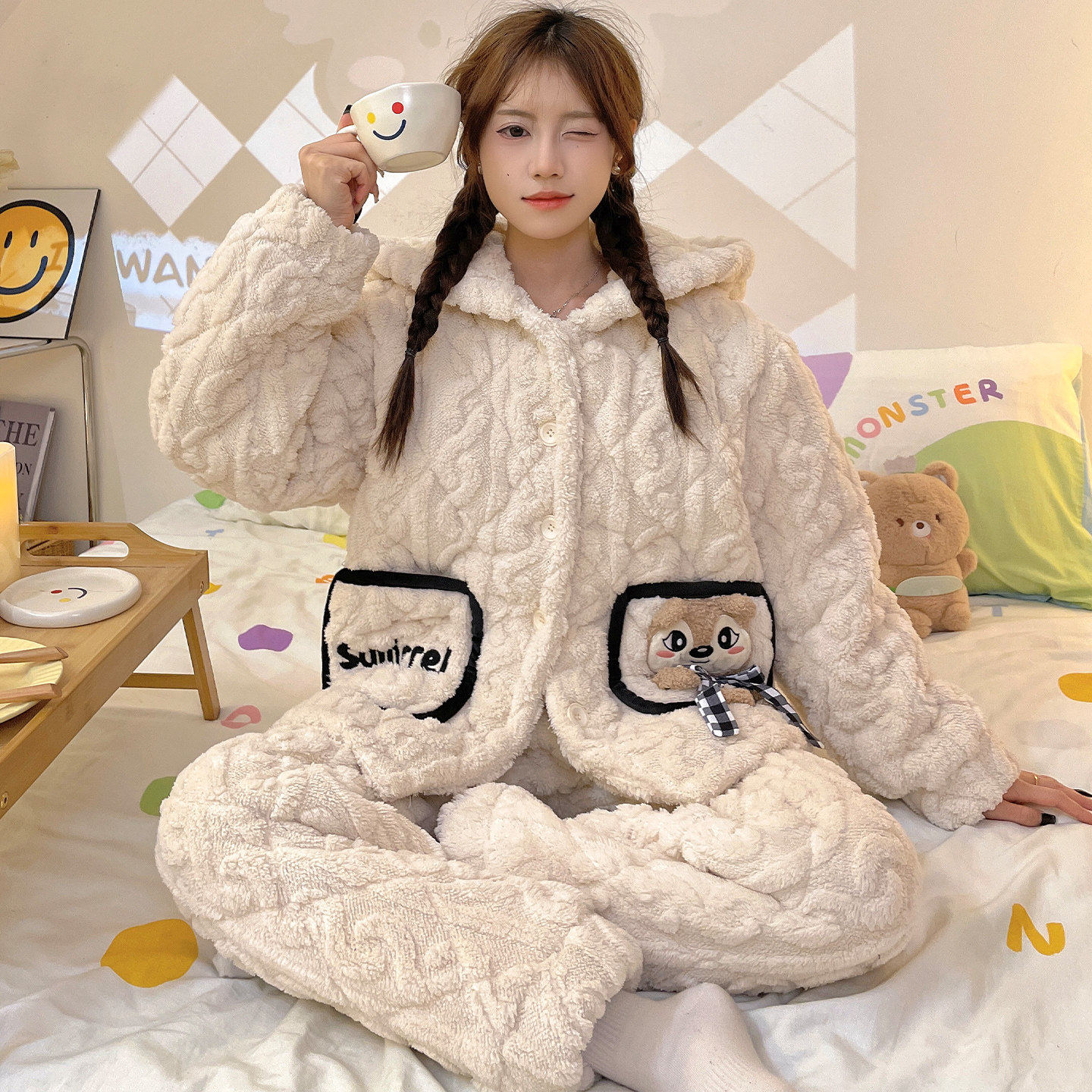 秋冬款睡衣女士三层夹棉加绒加厚冬季天保暖珊瑚绒卡通可爱家居服,淘宝优惠券,粉丝福利购,淘宝优惠卷