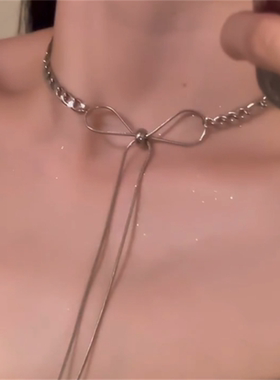 银色蝴蝶结流苏项链可调节锁骨链