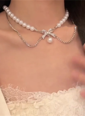 闪钻蝴蝶结珍珠项链女