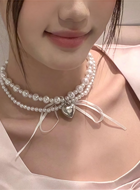 小香风爱心蝴蝶结珍珠项链女纯欲