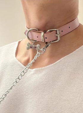 粉色皮带链条项圈choker项链