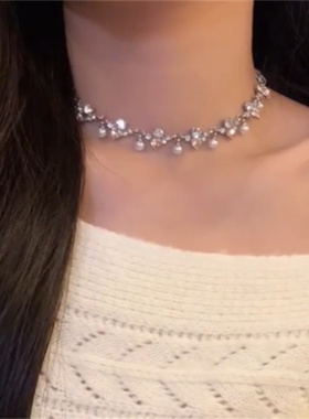 方形闪钻珍珠爱心项链