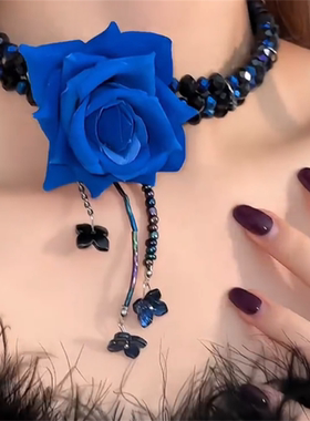 蓝色玫瑰花多层串珠项链