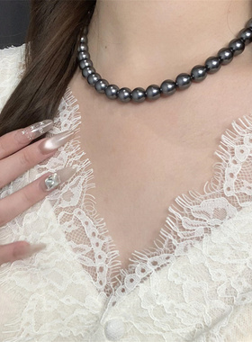 轻奢简约黑灰珍珠项链女款