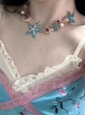 蓝绿色海星贝壳海边度假风女项链
