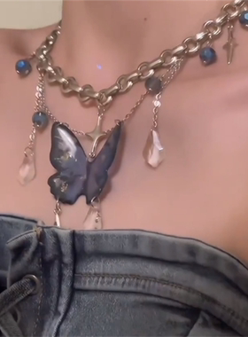 蓝色蝴蝶流苏项链女朋克锁骨链