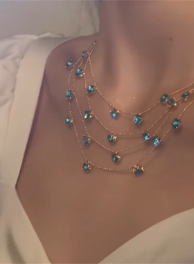 蓝色满天星锆石流苏多层项链女