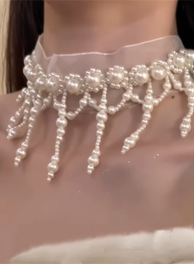 珍珠流苏蕾丝choker项链女