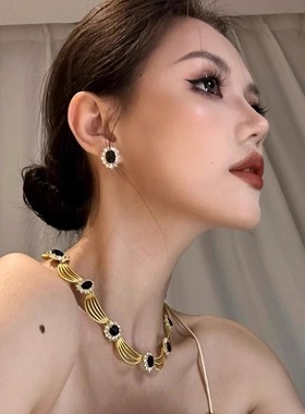 锁骨链椭圆几何水钻项链欧美复古