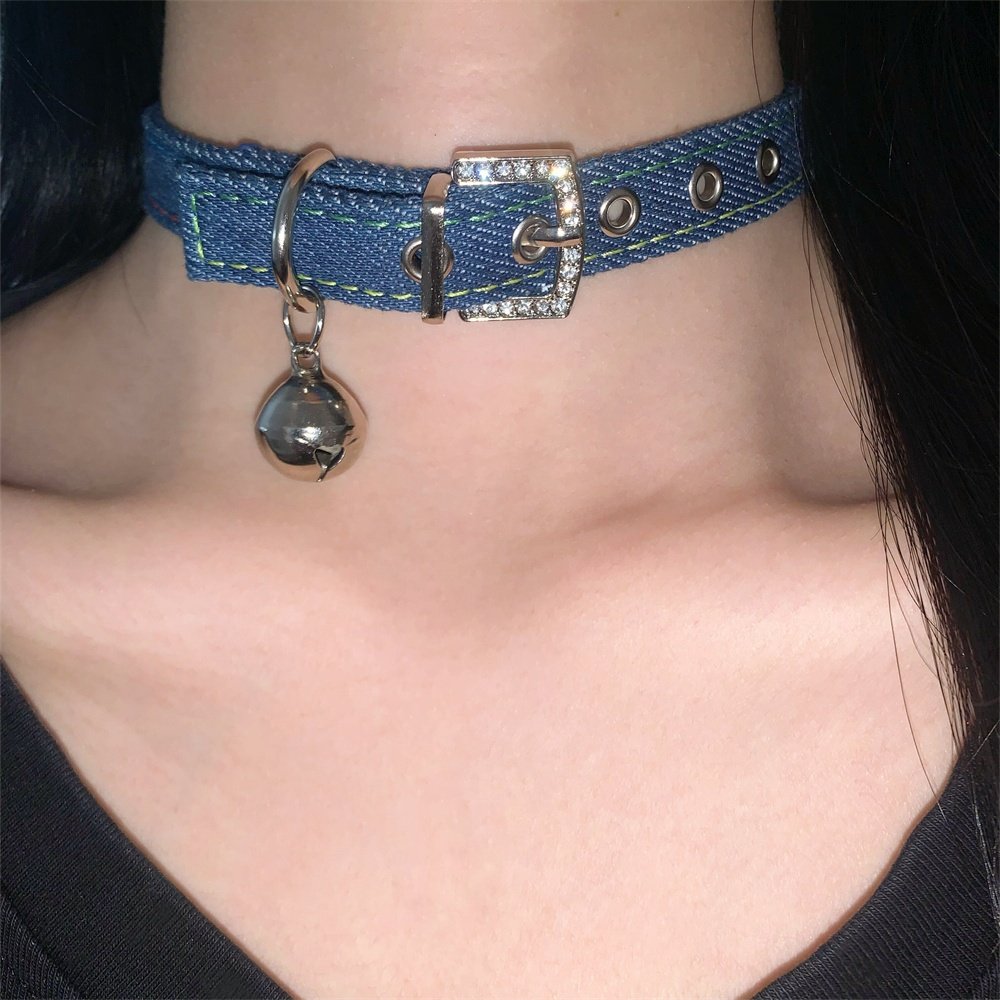 zoozmomo纯欲牛仔布艺铃铛颈环y2k辣妹choker项圈小众设计感项链 - 图0
