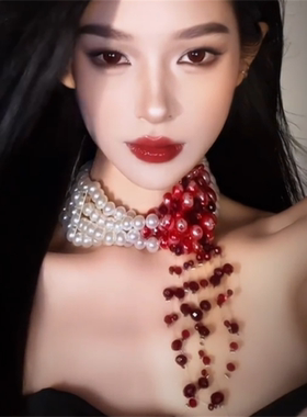 哥特风滴血多层珍珠项链