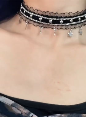 黑色蕾丝锚钉五星项链