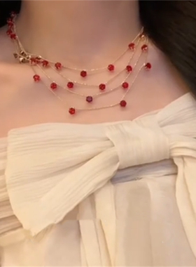 复古红宝石叠戴项链女