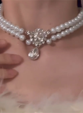 双层珍珠项链锁骨链女