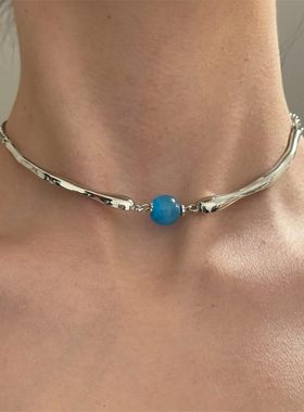 蓝色圆珠choker项链女