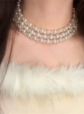 三层珍珠水钻锆石项圈女名媛风