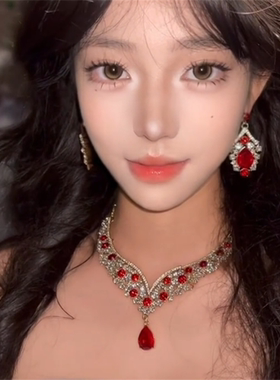 时髦红色夸张项链耳环套装女