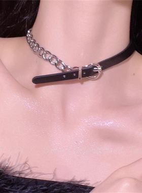 甜酷皮质链条拼接项链女