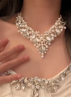 银色钻石流苏项链重工礼服婚纱