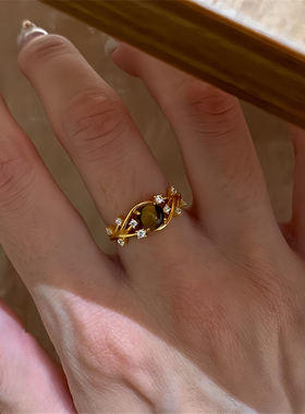 虎眼石镂空锆石戒指女