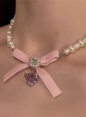 粉色蝴蝶结爱心珍珠项链女