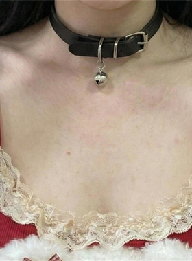 黑色choker皮质项圈铃铛颈链