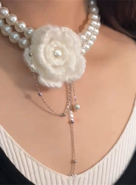 双层珍珠花朵项链女款
