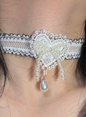 白色珍珠爱心蝴蝶结蕾丝choker