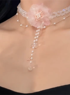 粉色网纱花朵水晶珍珠项链女