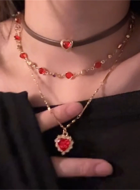 红色多层叠戴项链女甜酷辣妹风
