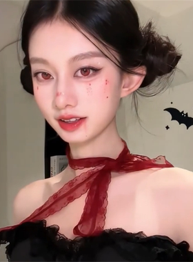 纯欲红色蕾丝花边丝巾女