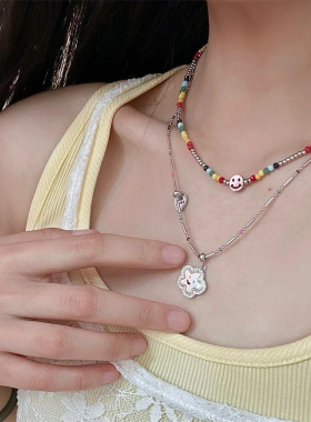 笑脸花朵彩虹串珠项链叠戴小众