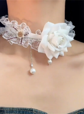 白色蕾丝玫瑰花项链女