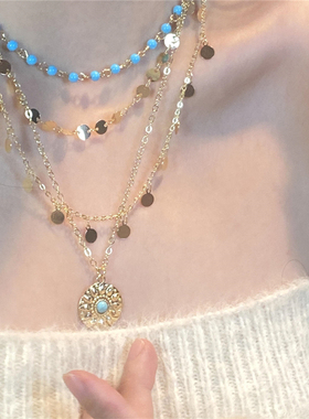 复古金色亮片花盘吊坠项链