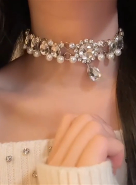 闪钻珍珠锆石项链女锁骨链