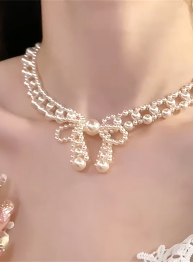 蝴蝶结珍珠choker项链女
