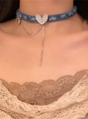 蓝色牛仔爱心流苏项链女