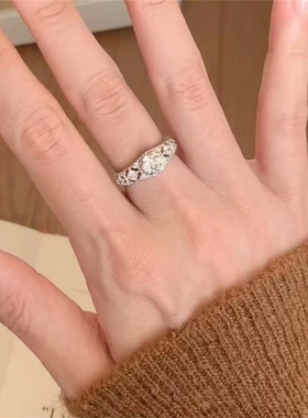 银色中古镂空爆闪锆石戒指女