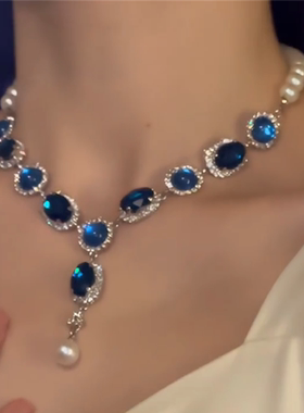 蓝色水钻项链千金风晚宴锁骨链