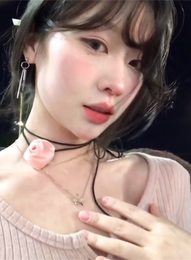 粉色玫瑰花项链女小众立体花朵