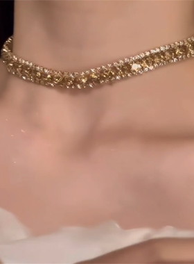 香槟色方形锆石项链女轻奢高级