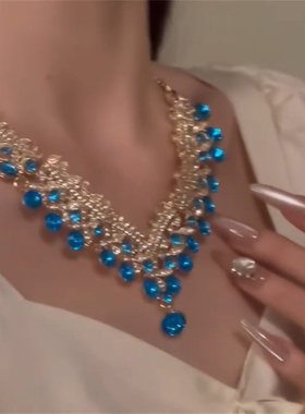 蓝色水滴锆石项链颈链