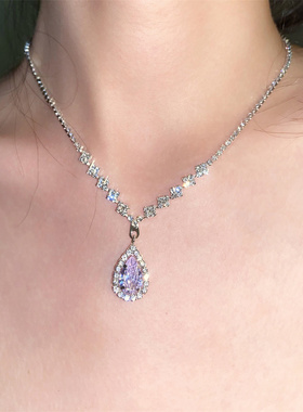 紫色满钻水滴项链耳环套装女