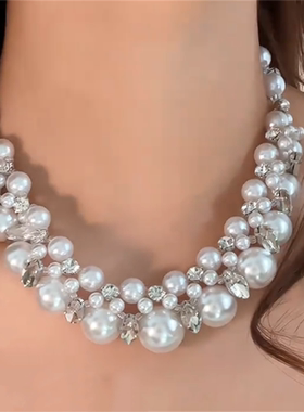 闪锆双层珍珠choker项链女