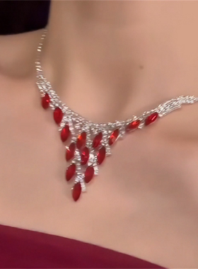红色水滴锆石流苏项链女