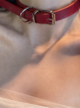 暗红皮质choker项圈女