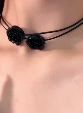 黑色玫瑰花项链女款颈链