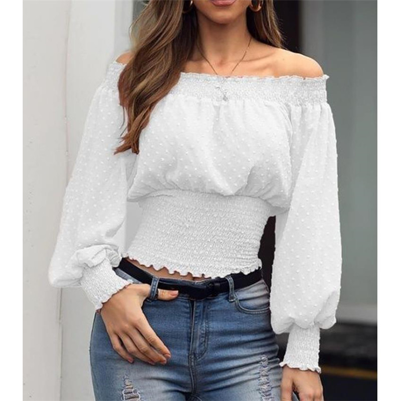 Off shoulder ruffled top for women一字肩荷叶边收腰上衣女-图1